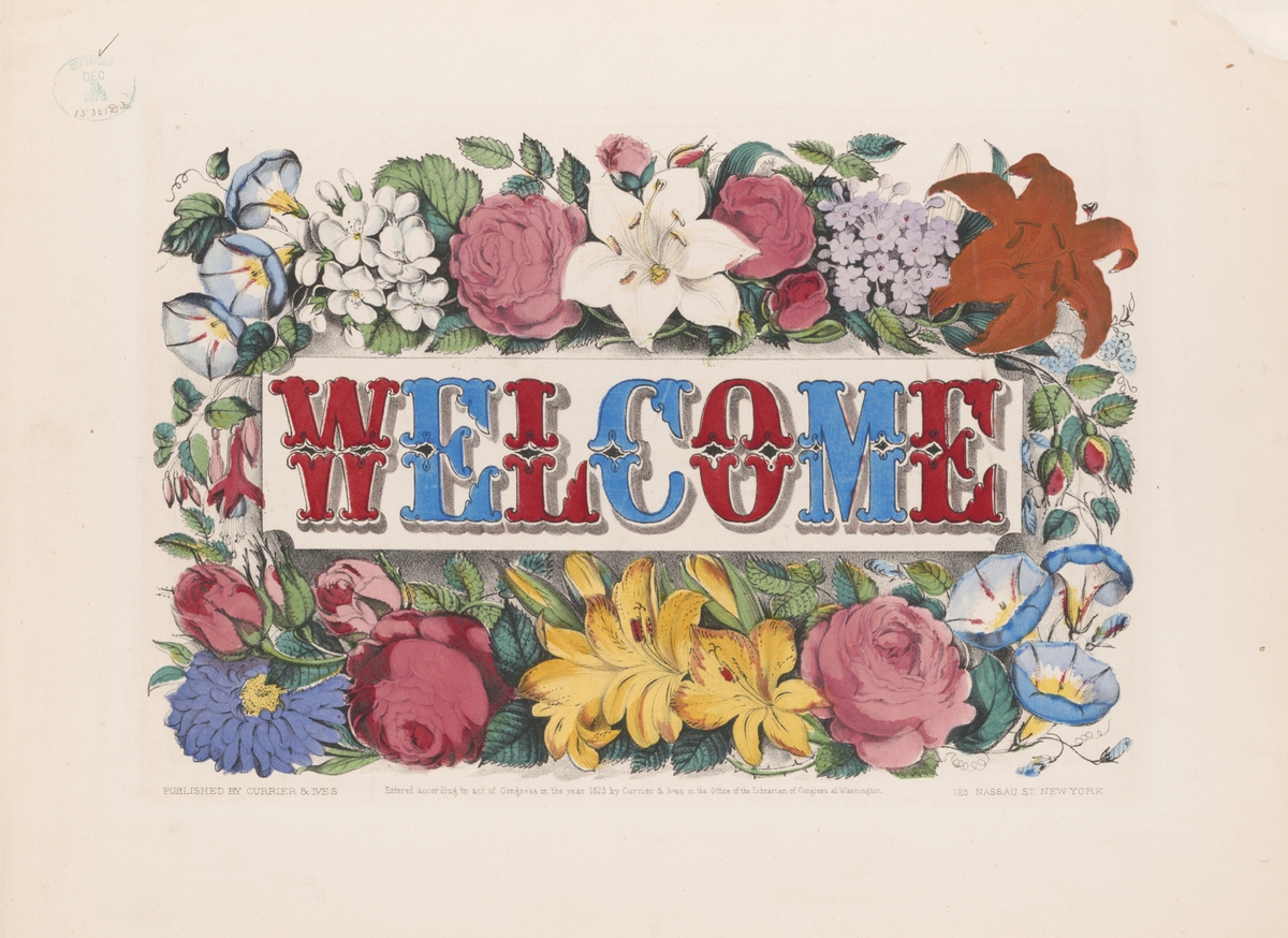 Illustration of flowers surrounding red and blue WELCOME text