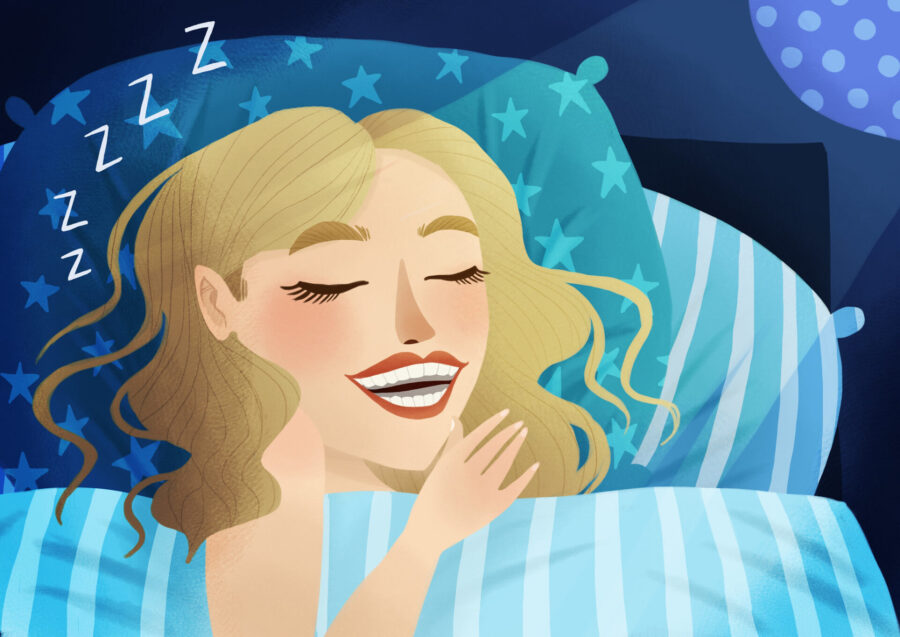 Illustration of a blonde woman wearing a custom nightguard she got at edgewood family dentistry, a dentist in Anderson, IN as she sleeps